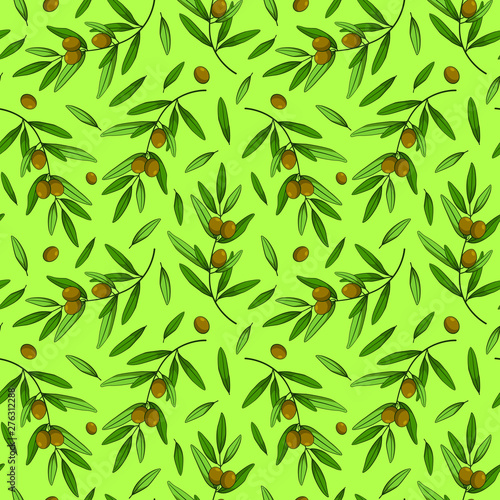 Seamless pattern with olives. Vector branches, leaves and green olives on green background. Design for labels, wrappers, textiles, web design.