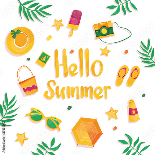 Modern vector illustration of Hello summer. Tropical plants with sunglasses, ice cream, starfish, camera, beach umbrella. Template for banners, posters, postcards and for seasonal vacation. photo