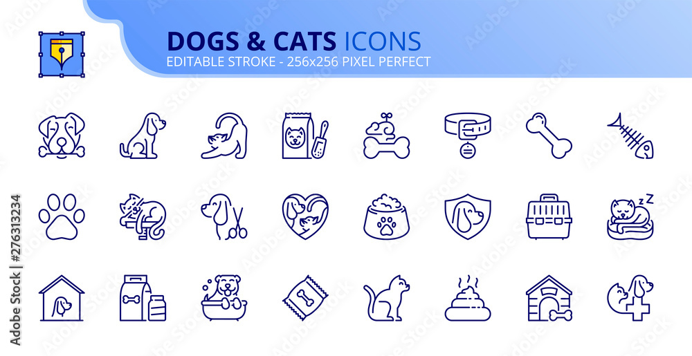 Simple set of outline icons about dogs and cats - obrazy, fototapety, plakaty 