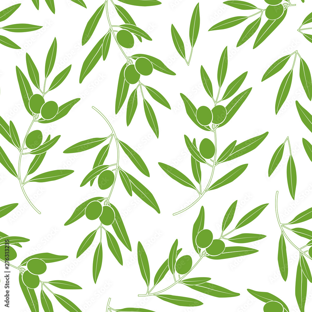 Seamless pattern with olives. Vector silhouette of branches, leaves and olives. Design for labels, wrappers, textiles, web design. Isolated on white. Seamless pattern with olives. Vector silhouette of branches, leaves and olives. Design for labels, wrappers, textiles, web design. Isolated on white.