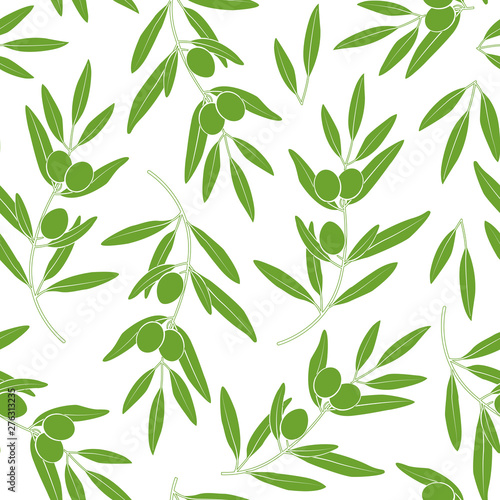 Seamless pattern with olives. Vector silhouette of branches, leaves and olives. Design for labels, wrappers, textiles, web design. Isolated on white.