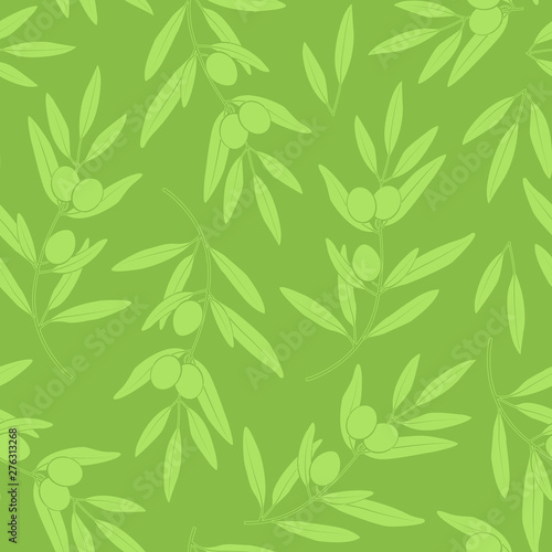 Seamless pattern with olives. Vector silhouette of branches, leaves and olives on green background. Design for labels, wrappers, textiles, web design. © Xaphana