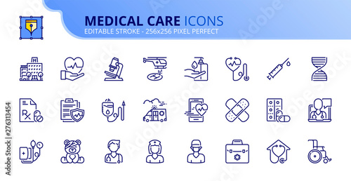 Simple set of outline icons about hospital and medical care