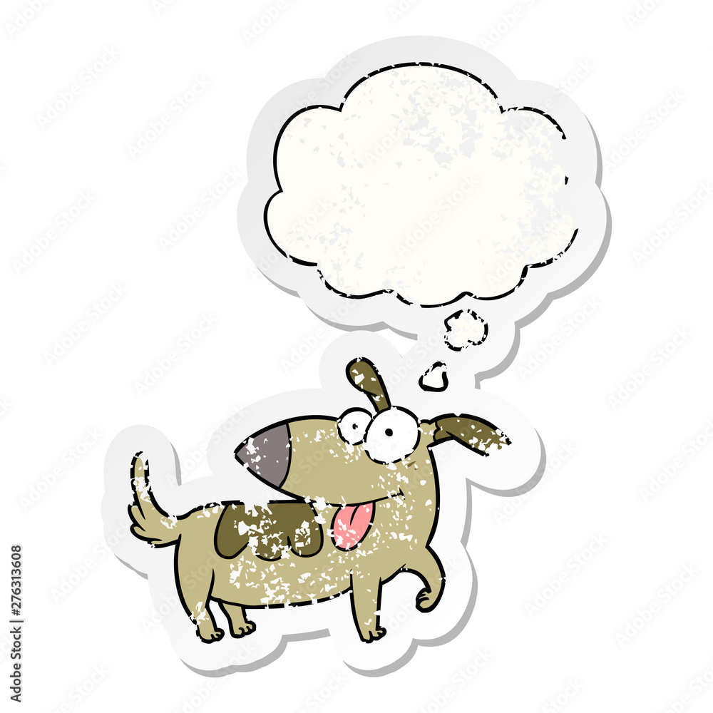 cartoon happy dog and thought bubble as a distressed worn sticker cartoon happy dog and thought bubble as a distressed worn sticker