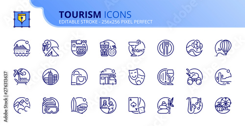 Simple set of outline icons about tourism and travel