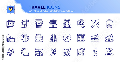 Simple set of outline icons about travel