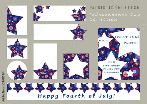 Independence Day Collection of Cards, Posters, Tags, and Labels. Tri-Color Star Shape Design for Independence Day Celebration.