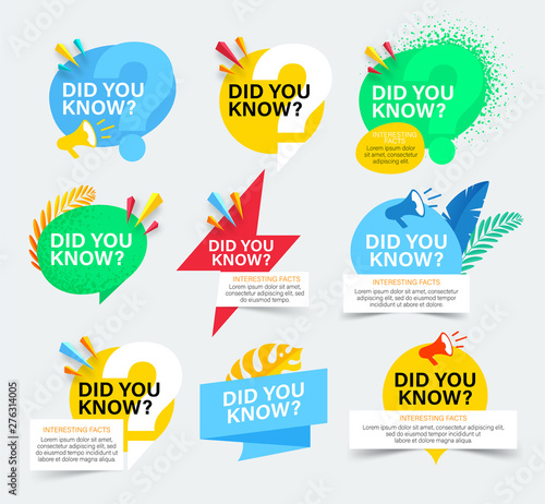 Set of colorful badges with did you know question. Isolated on white background. Did you know banner with megaphone and tropical leaves.