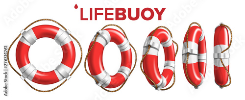 Boat Lifebuoy Ring In Different View Set Vector. Collection Of Red And White Colored Lifebuoy. Classical Ship Equipment Flotation Hoop With Cord For Drowning People In Sea. Realistic 3d Illustration