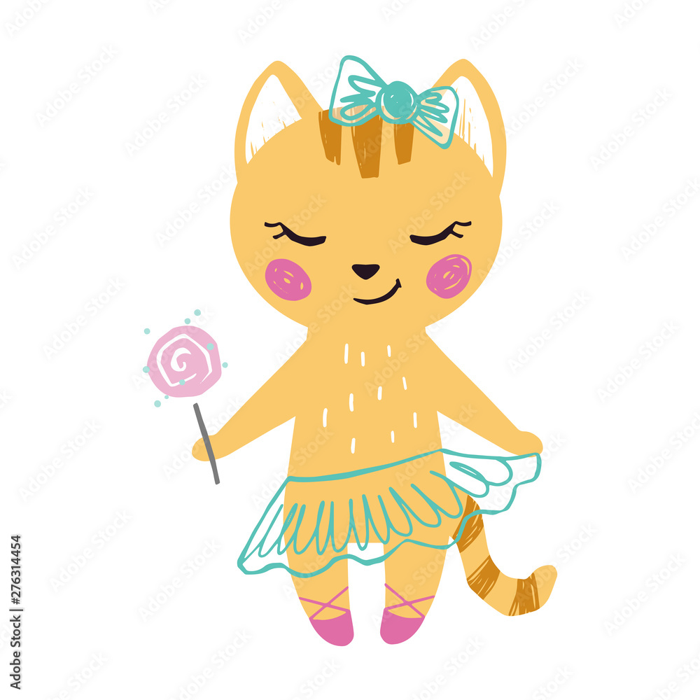 Naklejka premium Kitty baby girl cute print. Sweet cat with sweet lollipop, ballet skirt, bow.