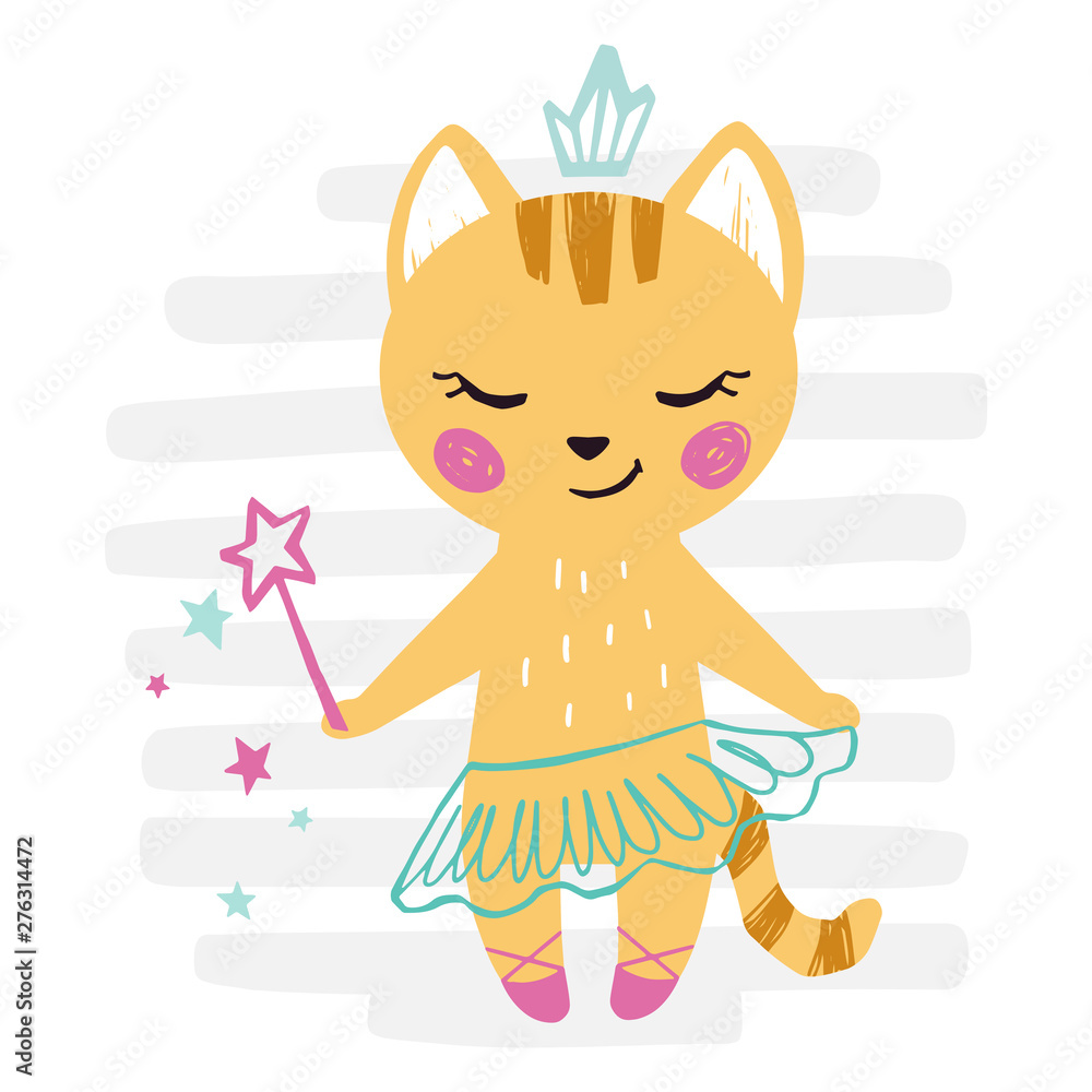 Kitty baby girl cute print. Sweet cat with magic wand, ballet tutu, pointe.