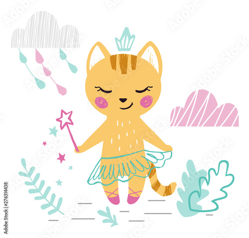 Kitty baby girl cute print. Sweet cat with magic wand, ballet tutu, crown.