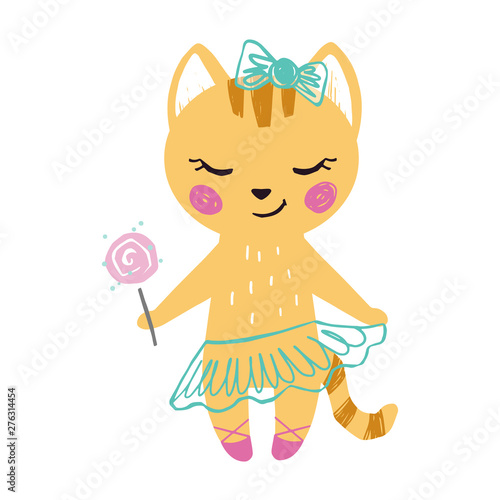 Kitty baby girl cute print. Sweet cat with sweet lollipop, ballet skirt, bow.