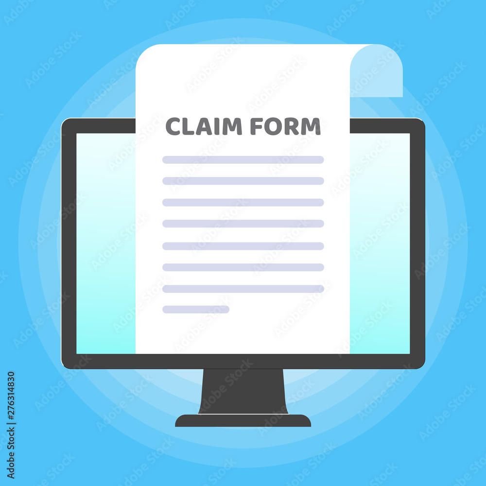 All in one PC monitor computer with Paper sheet with claim form to fill out and text on it and pen flat style design isolated on light blue background vector illustration. All in one PC monitor computer with Paper sheet with claim form to fill out and text on it and pen flat style design isolated on light blue background vector illustration.
