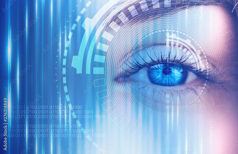 Eye of the female on a dark abstract background, neon holograms, retina scanner Eye of the female on a dark abstract background, neon holograms, retina scanner