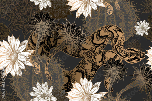 Seamless pattern. Blooming cacti and snakes.
