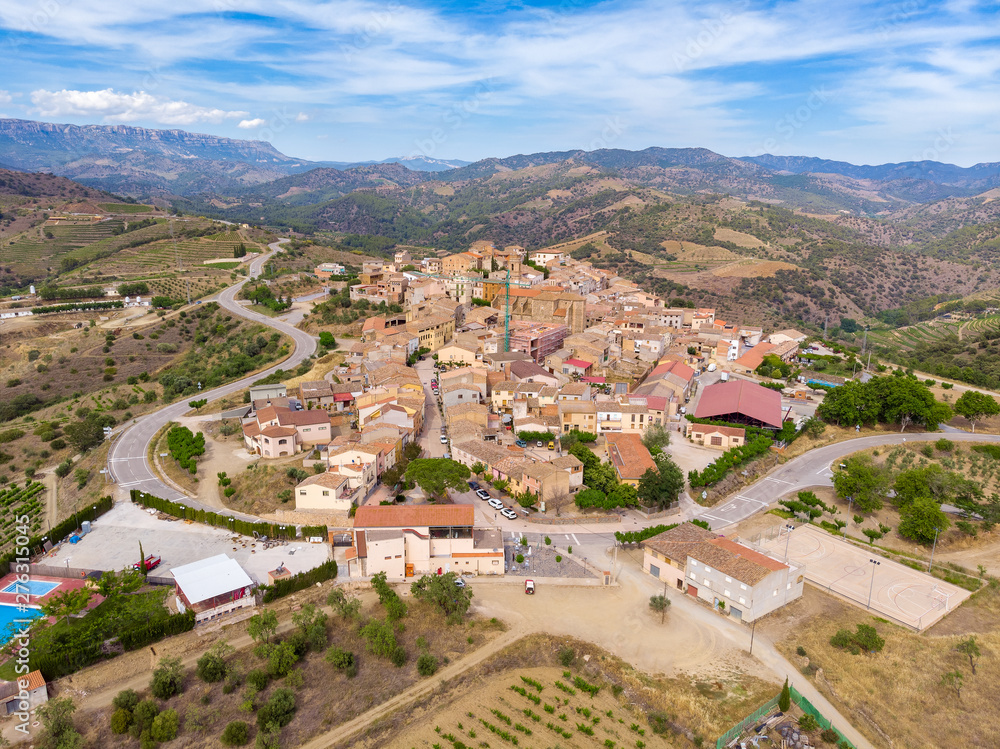 View of Gratallops - the center of winemaking of Priorat, Catalonia, Spain. Drone aerial photo