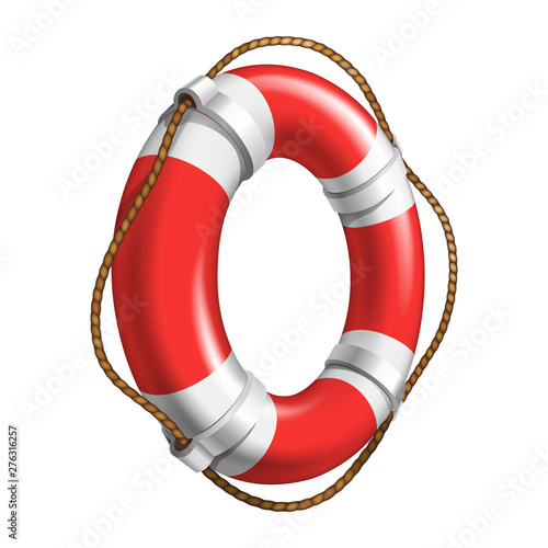 Red And White Flotation Ring Ship Device Vector. Emergency Classical Flotation Hoop With Cord Made Of Polyurethane Foam. Aid Tool For Drowning People Colorful Realistic 3d Illustration