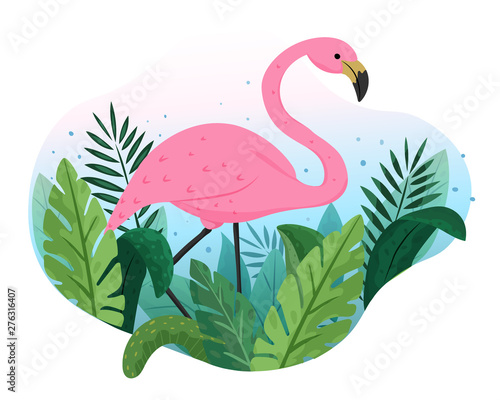 Hand drawn vector illustration of a cute pink flamingo bird, tropical leaves. Exotical plants. Isolated on white background. Poster or t-shirt design.