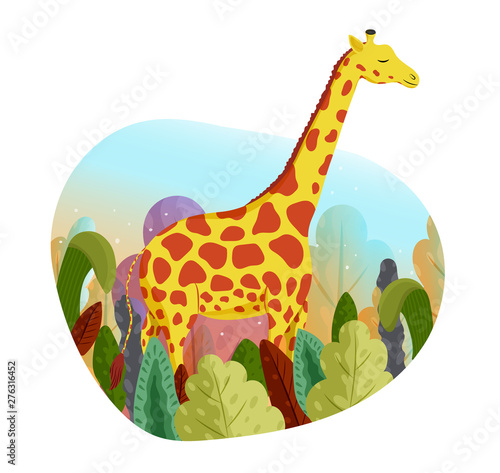 Hand drawn vector illustration of a cute giraffe and colorful leaves. Exotical plants. Isolated on white background. Poster or t-shirt design.