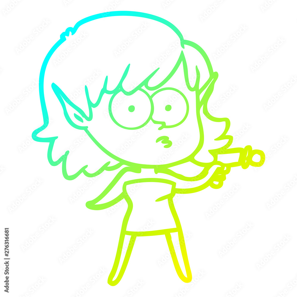 cold gradient line drawing cartoon elf girl with ray gun