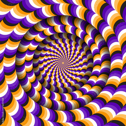 Abstract round frame with a rotating purple orange wavy pattern. Optical illusion hypnotic background.