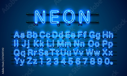 Neon city color blue font. English alphabet and numbers sign.