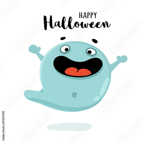 Cute ghost cartoon vector illustration with inscription "Happy Halloween". Kind spook for kid's halloween party design, holiday invitation cards and posters.