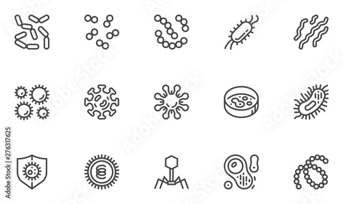 Bacteria, Microbe and Virus Vector Line Icons Set. Viral and Bacterial Infection, Colony of Bacteria, Petri Dish. Editable Stroke. 48x48 Pixel Perfect.