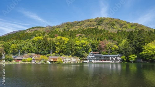 Lake Kinrin with Mount Yufu in Oita, Japan time lapse