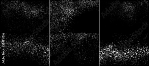 Set of White Grainy Texture Isolated On Black Background. Dust Overlay Texture. Noise Particles. Snow Effects Pack. Digitally Generated Image. Vector Illustration, EPS 10.