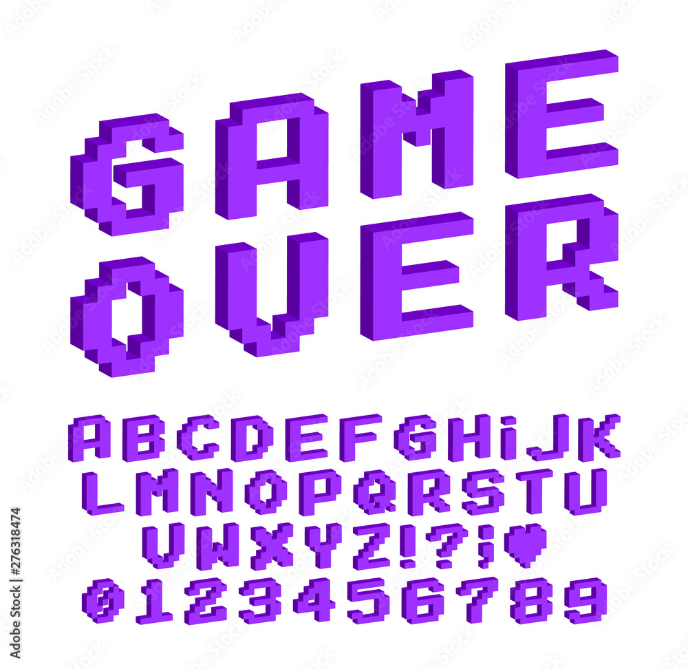 Set of vector letters in retro style. Game design. Font of old games. 8 bit letters and numbers vector alphabet. Set of vector letters in retro style. Game design. Font of old games. 8 bit letters and numbers vector alphabet.