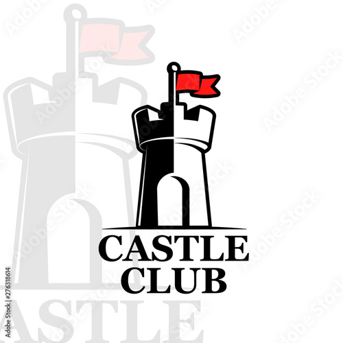 Vector logo retro style, emblem, company logo, banner. Black and white image of the fortress, castle, tower. On a white background. A symbol of protection, unassailability, stability. photo