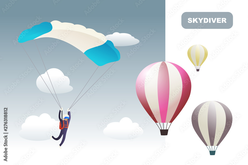 Fototapeta premium Cartoon skydiver and flying balloons vector background web page
