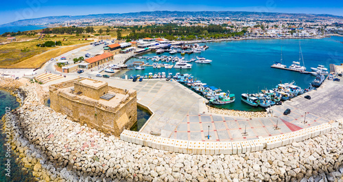 Cyprus. Pathos. The Paphos castl panoramic view from the sea. The medieval port castle in the harbour. The museums of Cyprus. Mediterranean coast. Tourist landmarks Paphos. Travel to Cyprus. photo