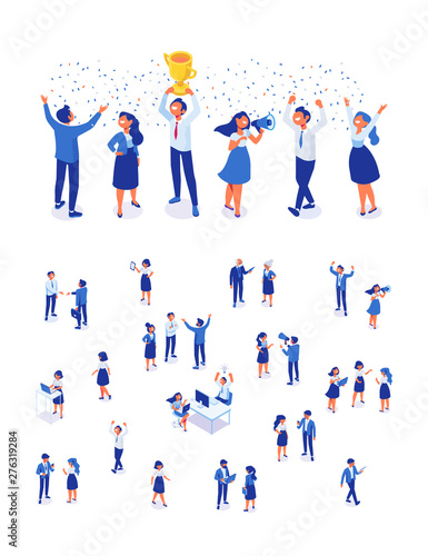 Isomeric business people vector set. Office life, team. Big idea. Celebration,business success. Flat vector characters isolated on white background.	