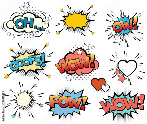 Set of vector pop art signs and comic cartoon bubbles and elements with halftone shadows