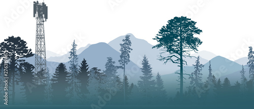 electric tower in dark forest on white