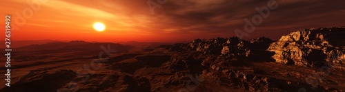 Panorama of Mars at sunset, sunrise above the surface of Mars, Martian landscape, 3d rendering © ustas