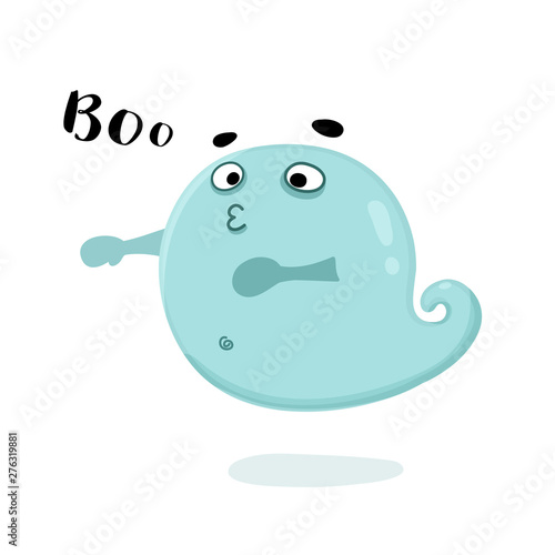 Cute ghost cartoon vector illustration with inscription "Boo". Kind spook for kid's halloween party design, holiday invitation cards and posters.