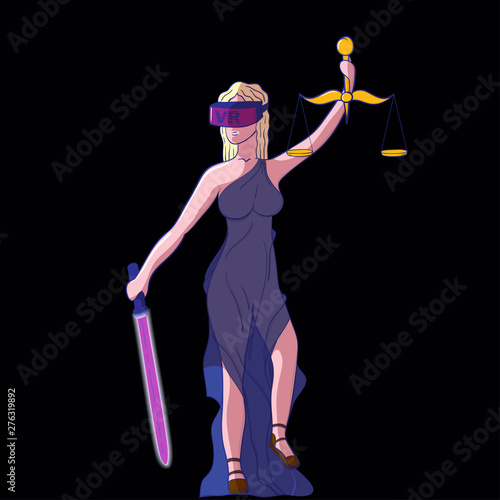justice Femida with scales, virtual reality glasses VR