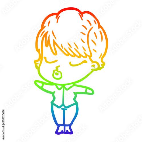 rainbow gradient line drawing cartoon woman with eyes shut