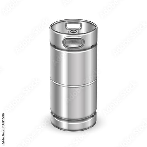 Modern Chrome Metal Beverage Keg Barrel Vector. Blank Tall Steel Keg For Transportation Delivery To Bar And Alcohol Drink Buffer Storage On Warehouse. Container Realistic 3d Illustration