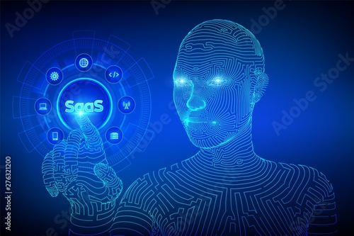 SaaS. Software as a service. Internet and technology concept on virtual screen. SAAS Computing IOT Industry. Wireframed cyborg hand touching digital interface. AI. Vector illustration.