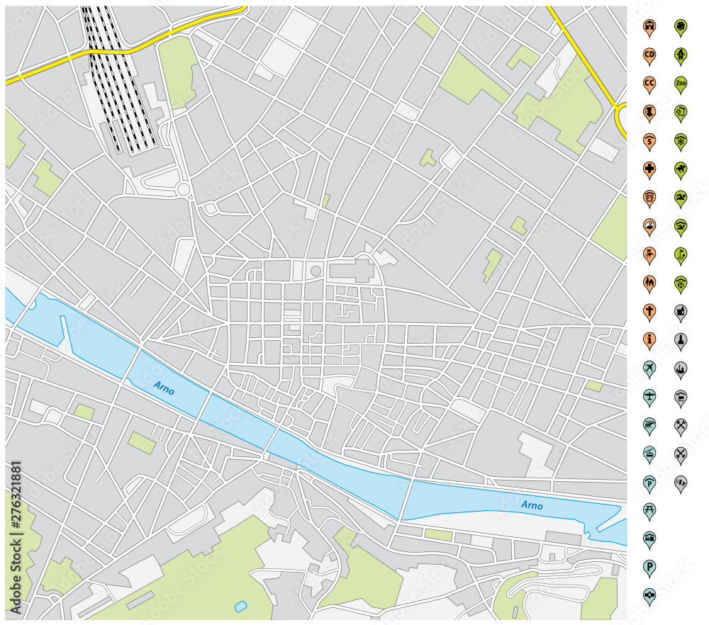 Fototapeta premium street map of downtown Florence with pin pointers and infrastructure icons