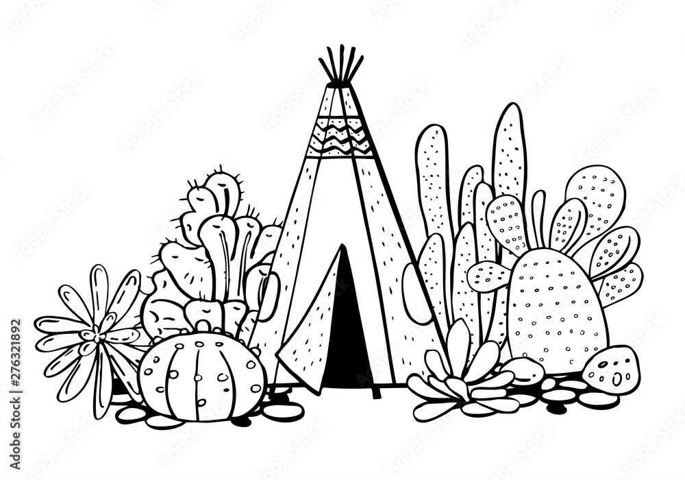 Native American indians traditional tipi, succulents and cactuses. Vector hand drawn outline doodle sketch illustration Native American indians traditional tipi, succulents and cactuses. Vector hand drawn outline doodle sketch illustration
