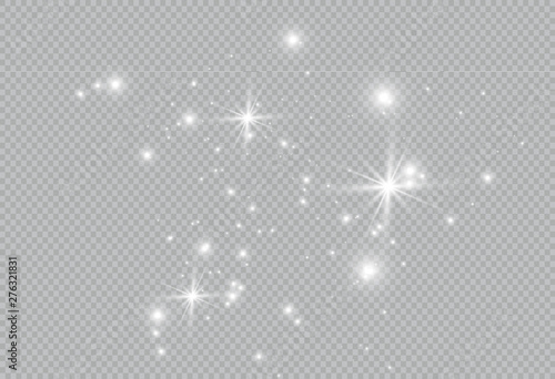 Dust white. White sparks and golden stars shine with special light. Vector sparkles on a transparent background. Christmas abstract pattern. Sparkling magical dust particles.