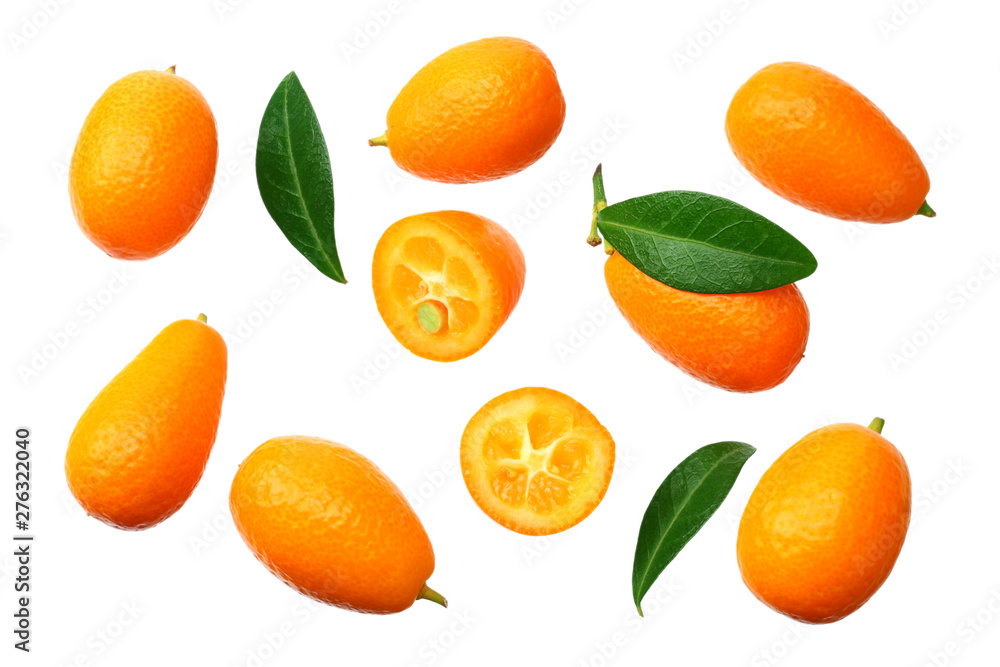 Cumquat or kumquat with leaves isolated on white background. top view Cumquat or kumquat with leaves isolated on white background. top view