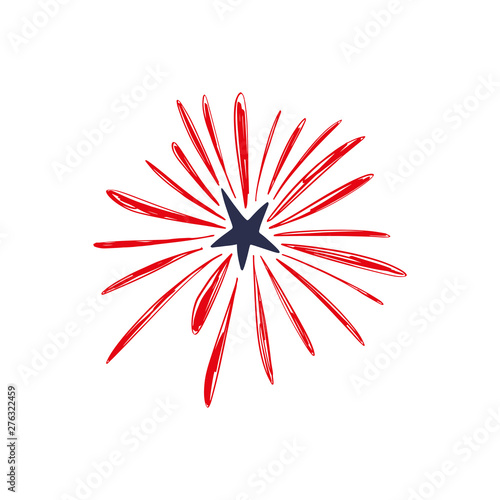 Doodle hand drawn shooting star firework, celebrate USA holiday Independence day, fourth July. American flag colors. Congrats, 4th of July. Vector.