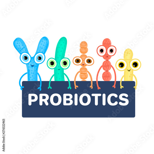 Probiotics. Lactic acid bacterium. Bifidobacterium, lactobacillus, streptococcus thermophilus, lactococcus, propionibacterium Microbiome. Microbiota. Cute characters. Gastrointestinal health. Vector